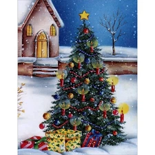 Decorated Tree with Lit Candles and Ornaments in Snow Box of 15 Christmas Cards