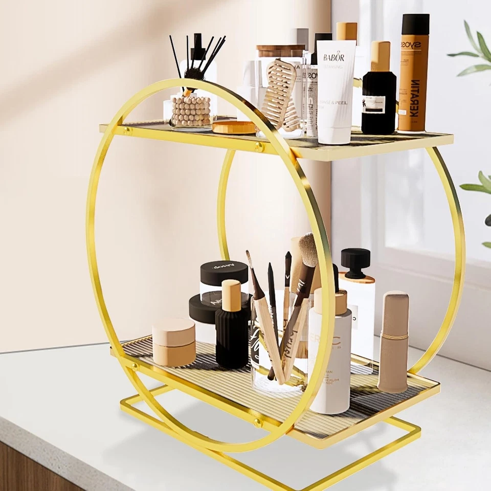 Nexyetnov - Organizador de baño de 2 niveles, organizador de perfumes para tocador, dorado Foto 2 de 4
