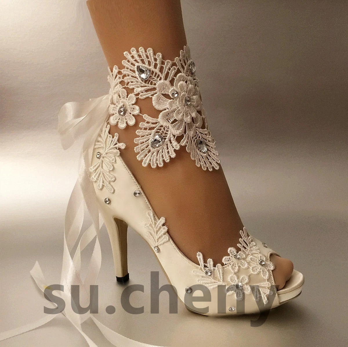 Chic / Beautiful White Lace Flower Wedding Shoes 2023 Ankle Strap 7 cm  Thick Heels Pointed Toe Wedding Sandals High Heels