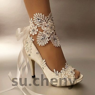 su.cheny 3” 4” heel satin white ivory lace pearl open toe Wedding Bridal shoes