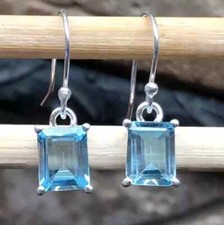 3CT Emerald Cut LabCreated Aquamarine Drop Dangle Earring 14K White Gold Plated