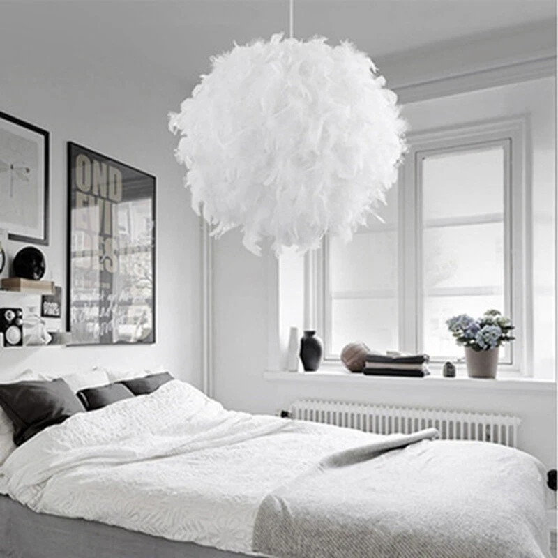 30CM White Feather Shade Droplight Lamp Hanging Ball Bedroom LED Ceiling Light