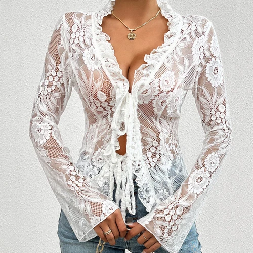 Sexy Damenbluse mit Blumenspitze zum Binden vorne durchsichtig V-Ausschnitt Cardigan Rüschenbluse - Bild 11 von 28