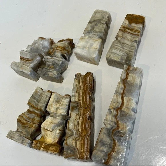 Vintage Mexican Aztec Stone Marble Chess Pieces 16 Set Complete Brown Grey White - Image 4 of 4