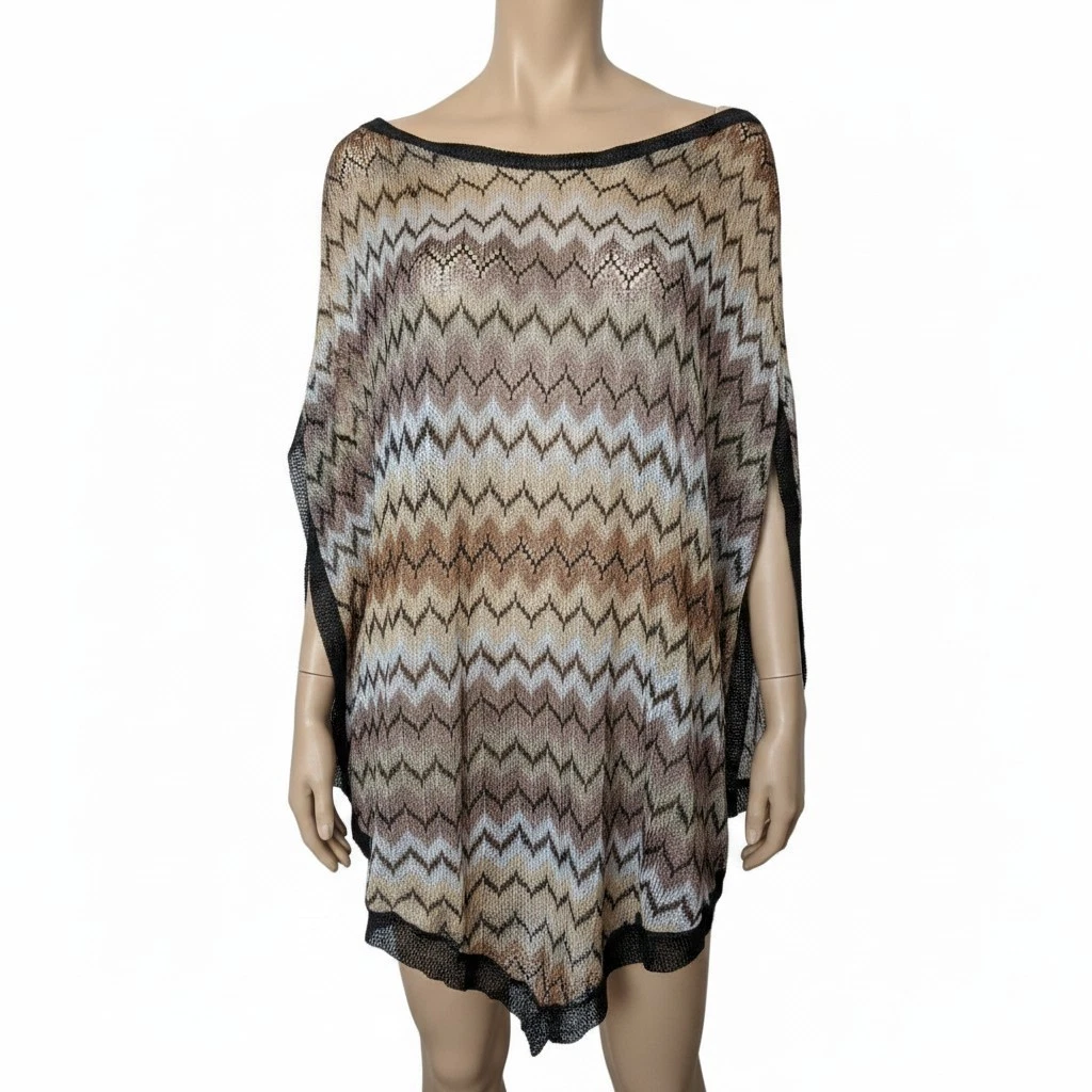 Authentic MISSONI Italy Zig Zag Knit Poncho Cape Metallic Bronze Gold Fortnum &