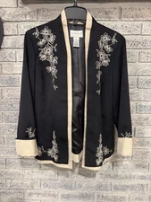 Victor Costa Jacket Womens Medium Embellished Black Flower Elegant Blazer