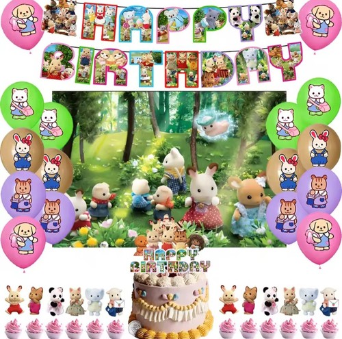 Calico Critters Sylvanian Fam Party Zubehör Banner Ballons Kuchen Topper Hintergrund - Bild 1 von 5