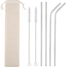Set of 4 Reusable Metal Straws, Long Stainless Steel Straw with Cleaning Brus...
