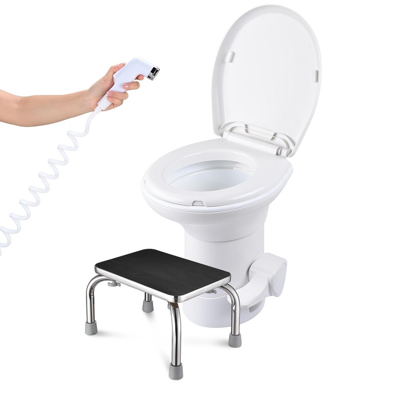 Yescom RV Toilet Porcelain Enamel Gravity Flush w/ Bidet Spray & Step Foot Stool
