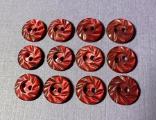 Set of 12 Vintage Small Red Dyed Carved Mother of Pearl Buttons, 3/8" Dia.