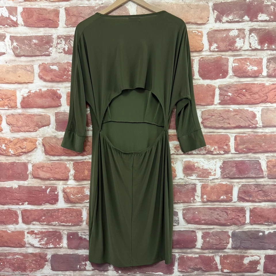 VENUS Dress Womens Large Olive Green Stretchy Pleated Cutout Back Casual Popover - Image 2 of 4
