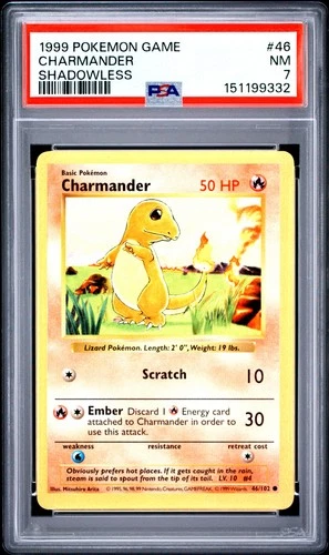 1999 POKEMON BASE SET SHADOWLESS #46 CHARMANDER PSA 7