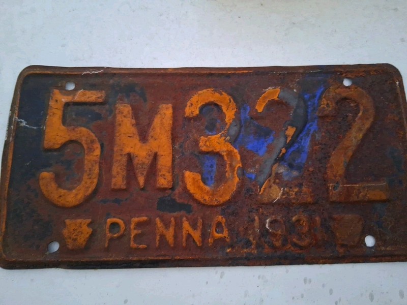 VINTAGE 1931 PENNSYLVANIA LICENSE PLATE 5M32  95 Years Old In as found condition