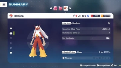 Brillante 6IV Adamant Alpha Blaziken Nivel 100 EV Pokémon Entrenados ZA + Master Ball