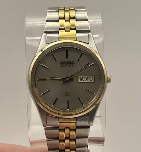 Vintage 80s Seiko SQ Quartz Two-Tone Day/Date Men's Watch New Battery Runs