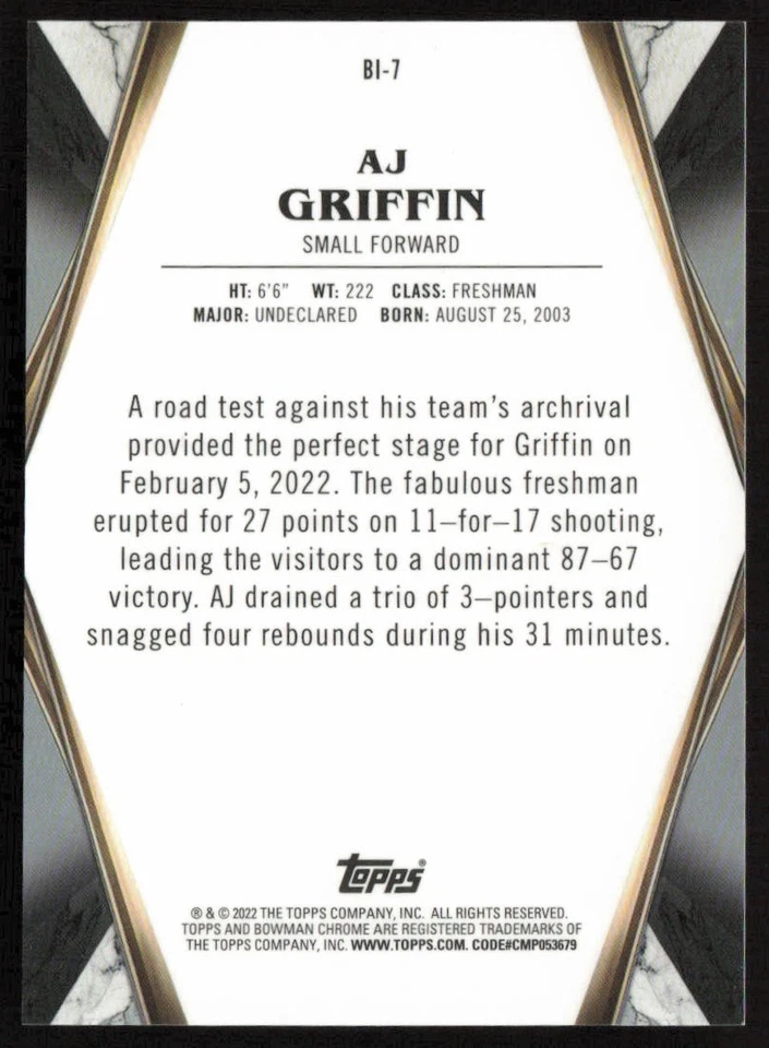 2021-22 Bowman University Bowman Invicta AJ Griffin #BI-7 Duke Blue Devils - Image 2 of 2