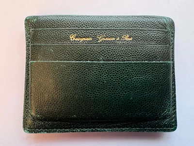 CASSEGRAIN Graveur à Paris- Porte cartes cuir vert - vintage - Bon état d'usage - Photo 1/4