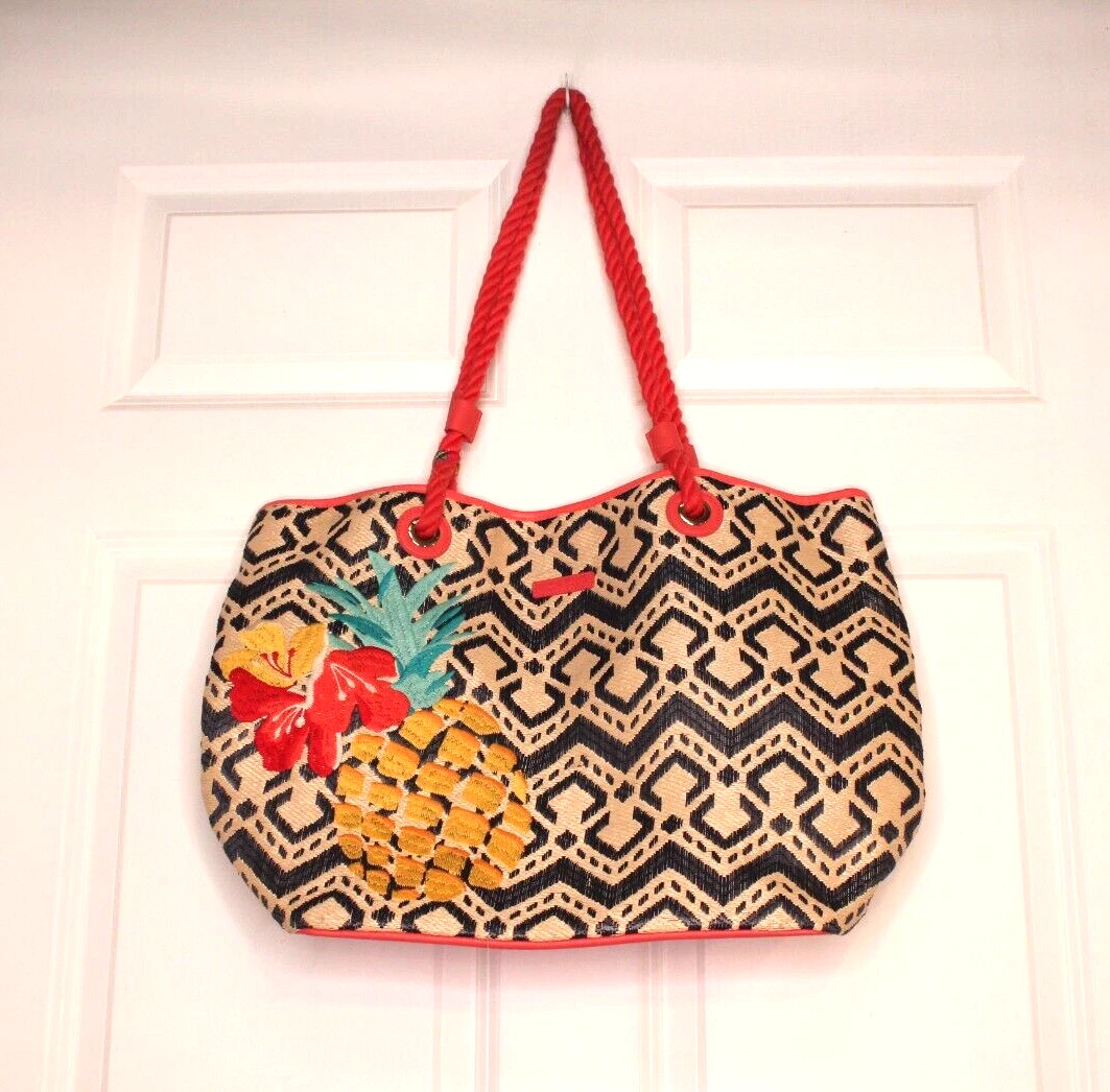 Vera Bradley Woven Embroidered Pineapple Tote Beach Bag Blue Cream Pink |  eBay