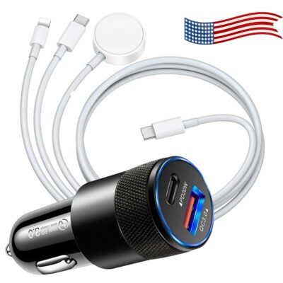 38W Fast Car Charger 3 IN 1 Magnetic Cable For iPhone 16 15 14 13 iWatch 9/8/7/6