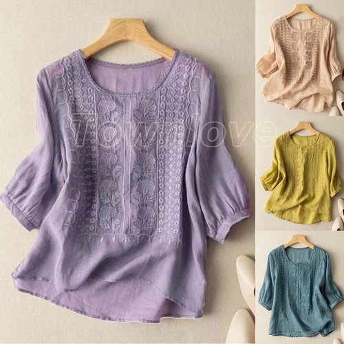 Women 3/4 Sleeve Cotton Linen Blouse Top Vintage Crew Neck Summer T-Shirt Casual - Picture 4 of 28