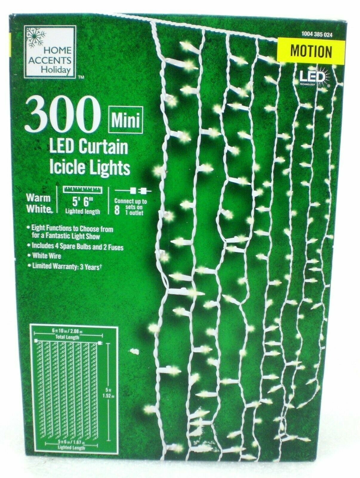 Home Accents Holiday 300 Mini LED Curtain Icicle Lights Motion Warm