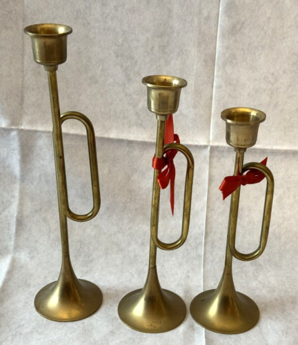 Brass Bugle Horn Candlestick Holder Lot Of 3 Graduated Sizes Metal Trumpet - Photo 1/9
