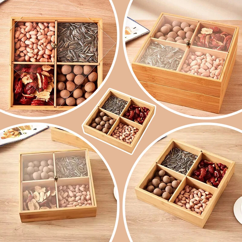 4 Grids Bamboo Candy Storage Boxs with Lid Snack Nut Box New Food Storage Trays
