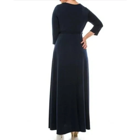 Maxi Vestido Janette Moda Azul Marino Sólido Imitación Envolvente Talla Plussa Foto 2 de 3