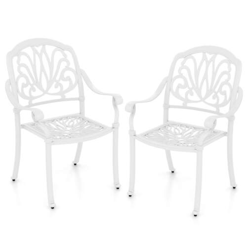 2pcs Patio Cast Aluminum Dining Chairs Armrests Outdoor Stackable White