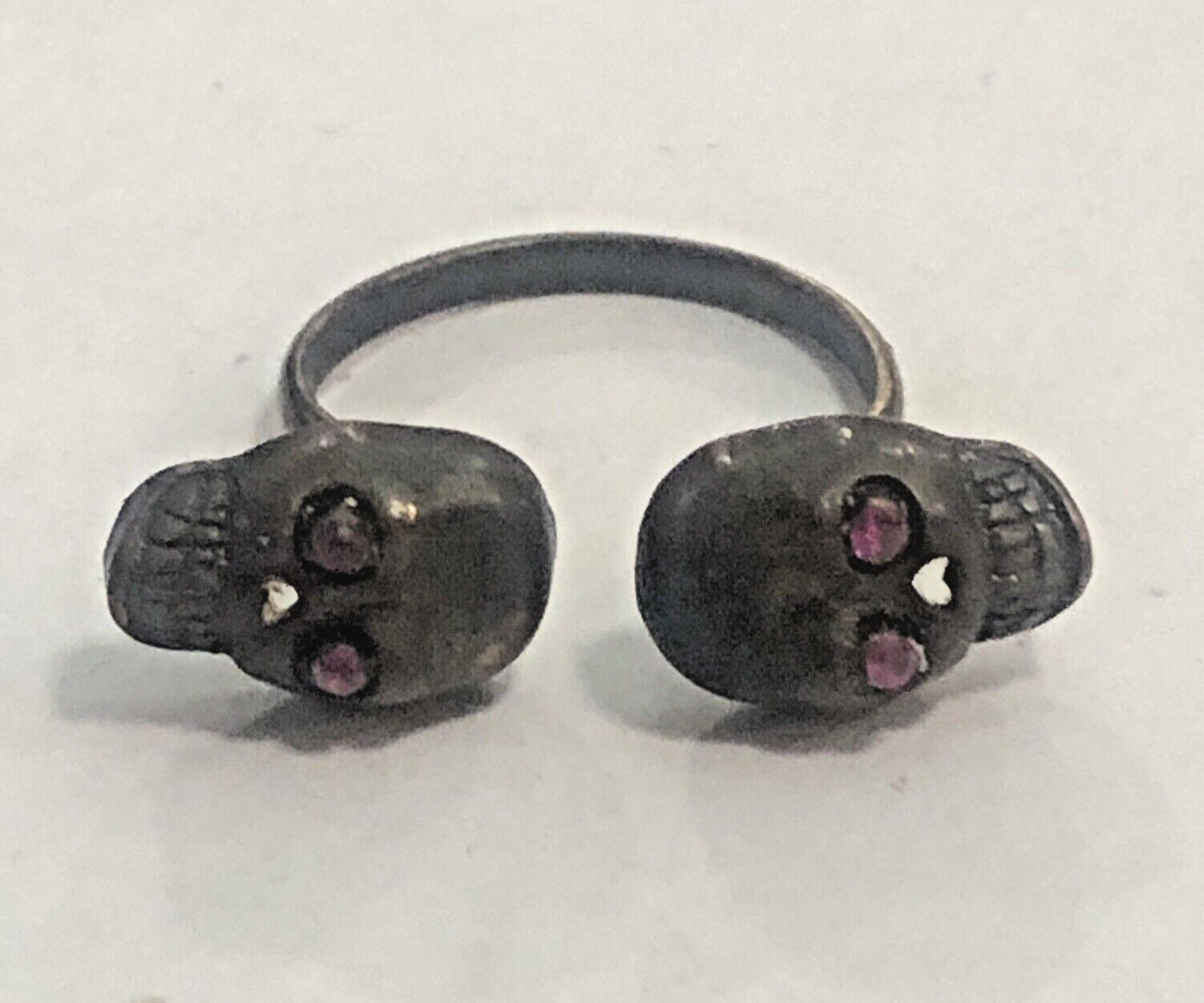 Antique 800 Solid Silver Open Ring Double Skull H… - image 1