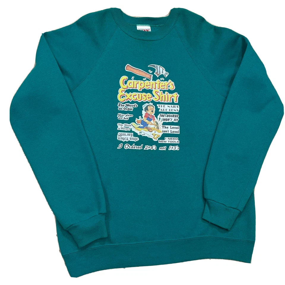 Sudadera Raglán Vintage Carpenters Excuse Para Hombres M/L Camisa Ropa de Trabajo Verde Azulado Retro Foto 2 de 4