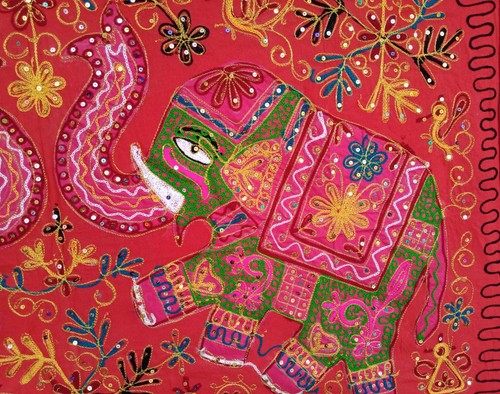 Vintage Embroidered Elephants Tapestry Colorful Ethnic Patchwork Wall Hanging - Picture 4 of 7