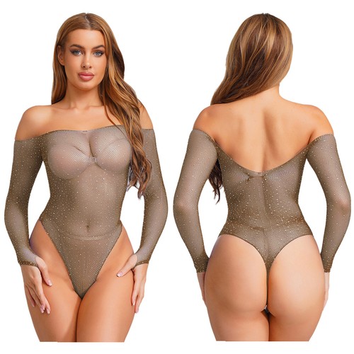 Mujeres Fishnet Body Fuera del Hombro Elástico Leotardo Mono Ropa de dormir Bikini - Imagen 53 de 84