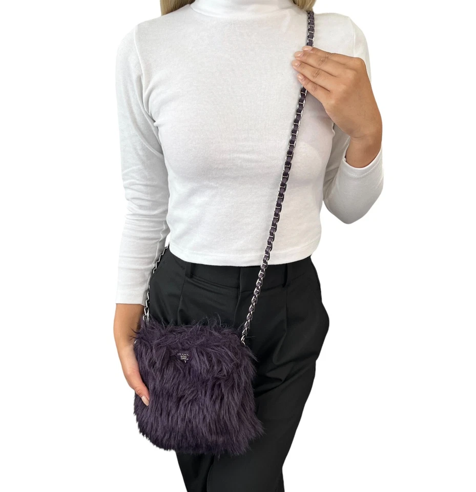 Bolso Bandolera PRADA Vintage Logo Cadena Piel Púrpura Plata Cremallera Cuero Rango AB Foto 3 de 4