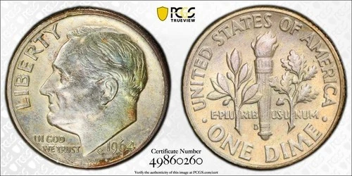 1964-D Roosevelt Dime 10C PCGS Graded AU58- Toned