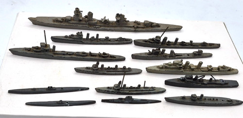 Lot 13 Vintage Waterline Ships, Not Branded. WW2 cast metal. Sizes from 2" to 6"