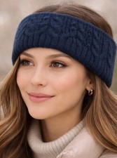 Fleece Lined Knit Headband Ear Warmer Winter Soft Stretch Cable Knit Navy Blue