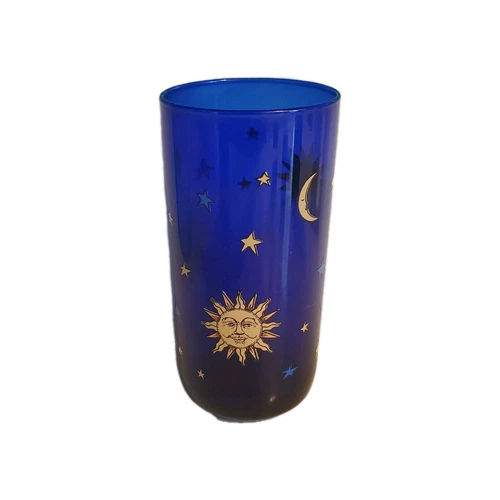Libbey Celestial Cobalt Blue Sun Moon and Stars Tumbler Glass 16 oz. Vintage