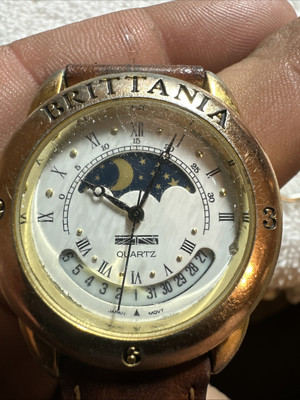 BRITTANIA Bm107 Moon Phase Quartz Womens Watch Brown Leather Band