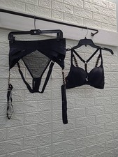 New Honey Birdette Kukuro 2 Piece Black Lingerie Set Bra and Garter Belt Sz 36C
