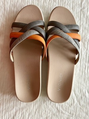 Vionic 8.5M Dava Grey n Orange Straps Leather Slip on Sandal