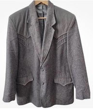 Vtg Pioneer Wear Western Blazer 44L USA Made Gray Wool Blend Suede Trim Cowboy
