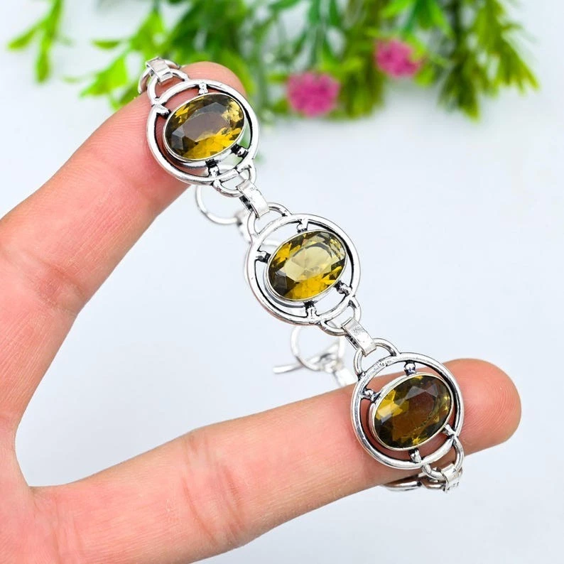 Brazalete de joyería de plata de ley 925 con piedras preciosas de cuarzo ahumado marrón tamaño 7-8" Foto 2 de 4