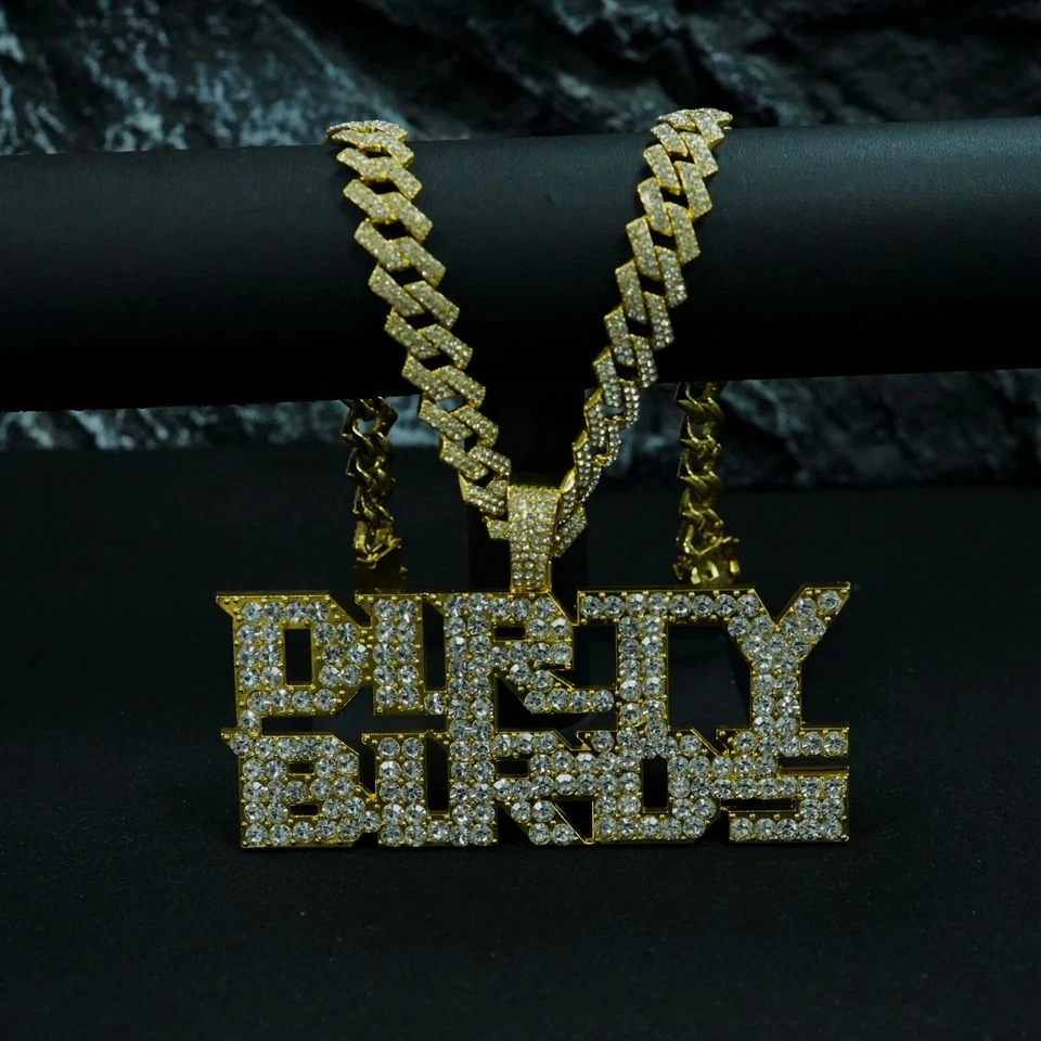 HipHop Iced DIRTY BIRDS Letter Pendant Necklace Crystal CZ Chain Fashion Jewelry - Image 4 of 4