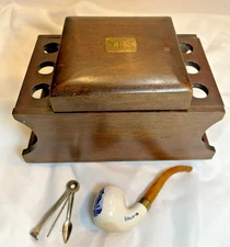 Smoking Pipe Holder Stand 6 Pipe With Storage Vintage Mahogany 
