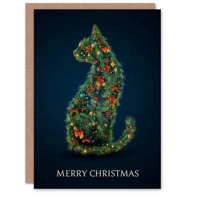 ARTERY8 Christmas Card Cat Silhouette Colourful Decorated Christmas Tree