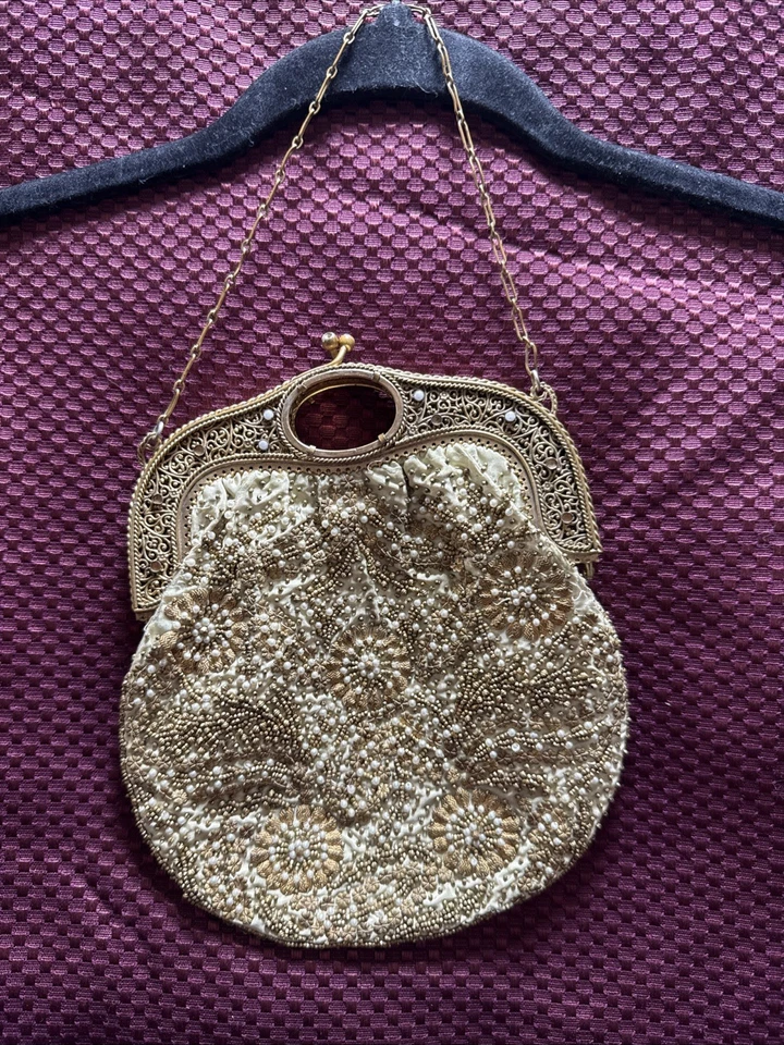 Bolso Cartera Antiguo Original 1900 con Cuentas Joyas Dorado Hecho en Francia por Renard Foto 3 de 4
