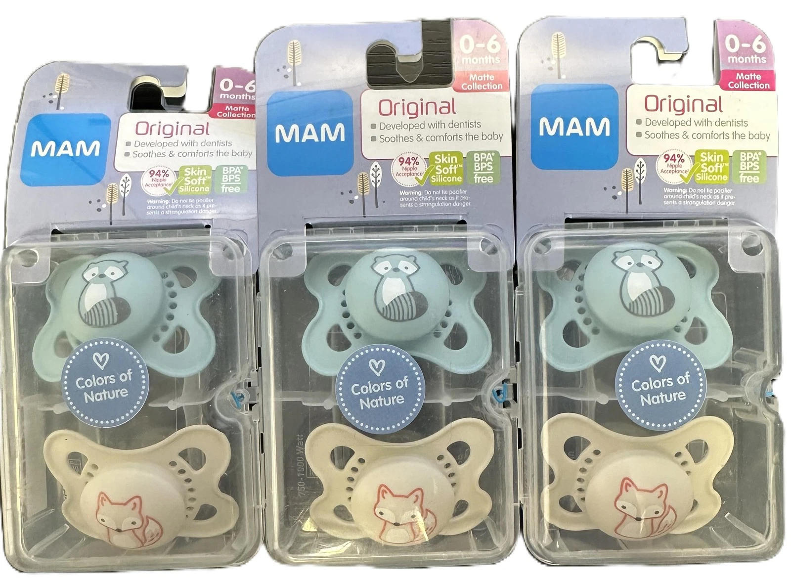 MAM RACCOON/FOX Pacifiers Colors of Nature 0-6M Fox/Raccoon 3-pk of 2 (6-Total)
Opens in a new windo