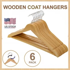 Wooden Hangers Pack of 6 Suit Hanger Premium Natural Finish Home Anti-Slip Hook