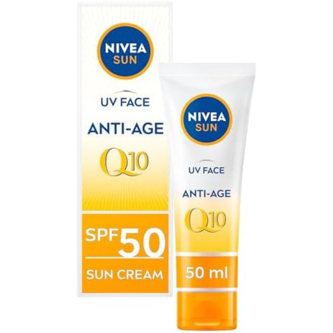 NIVEA Sun UV Face Anti-Age SPF 50 Cream (50ml), Q10 Sun Cream Protects Against
